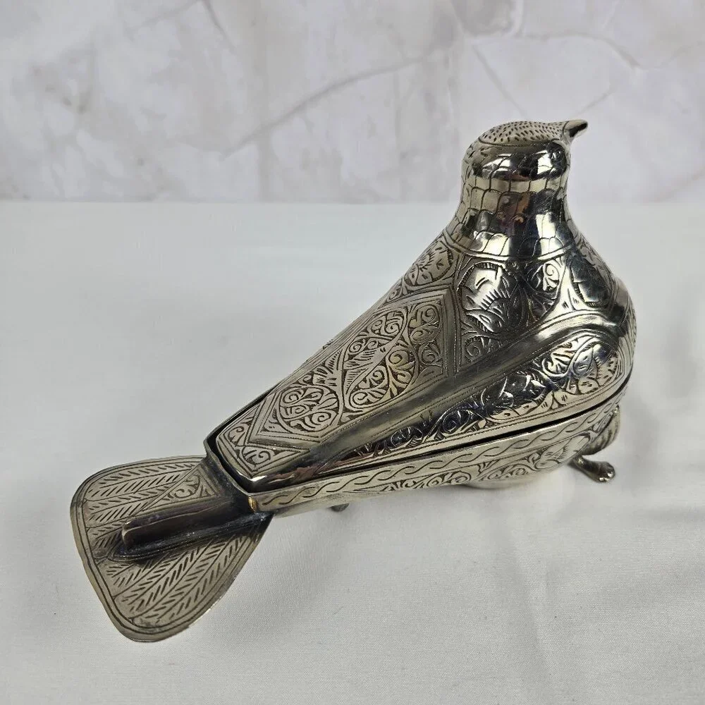 Vintage Silver Aluminum Bird Box Carved Florals and Swirls Tri-Legged Decor